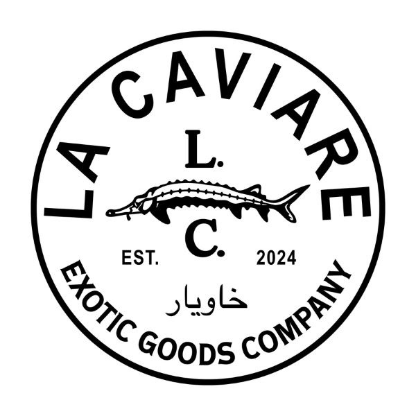 La Caviare circular emblem - sturgeon illustration, exotic goods company, est. 2024