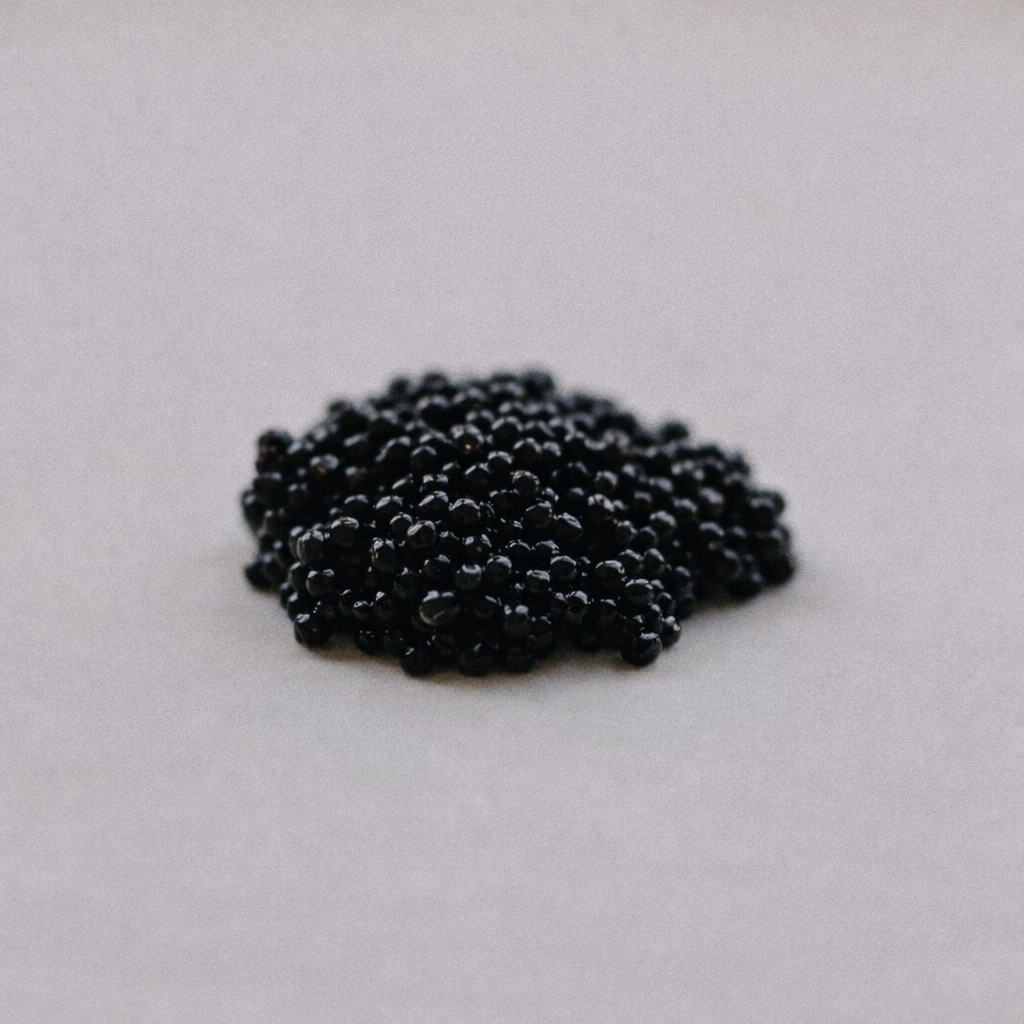 Baerii caviar (Acipenser baerii) plated serving — firm charcoal pearls, La Caviare